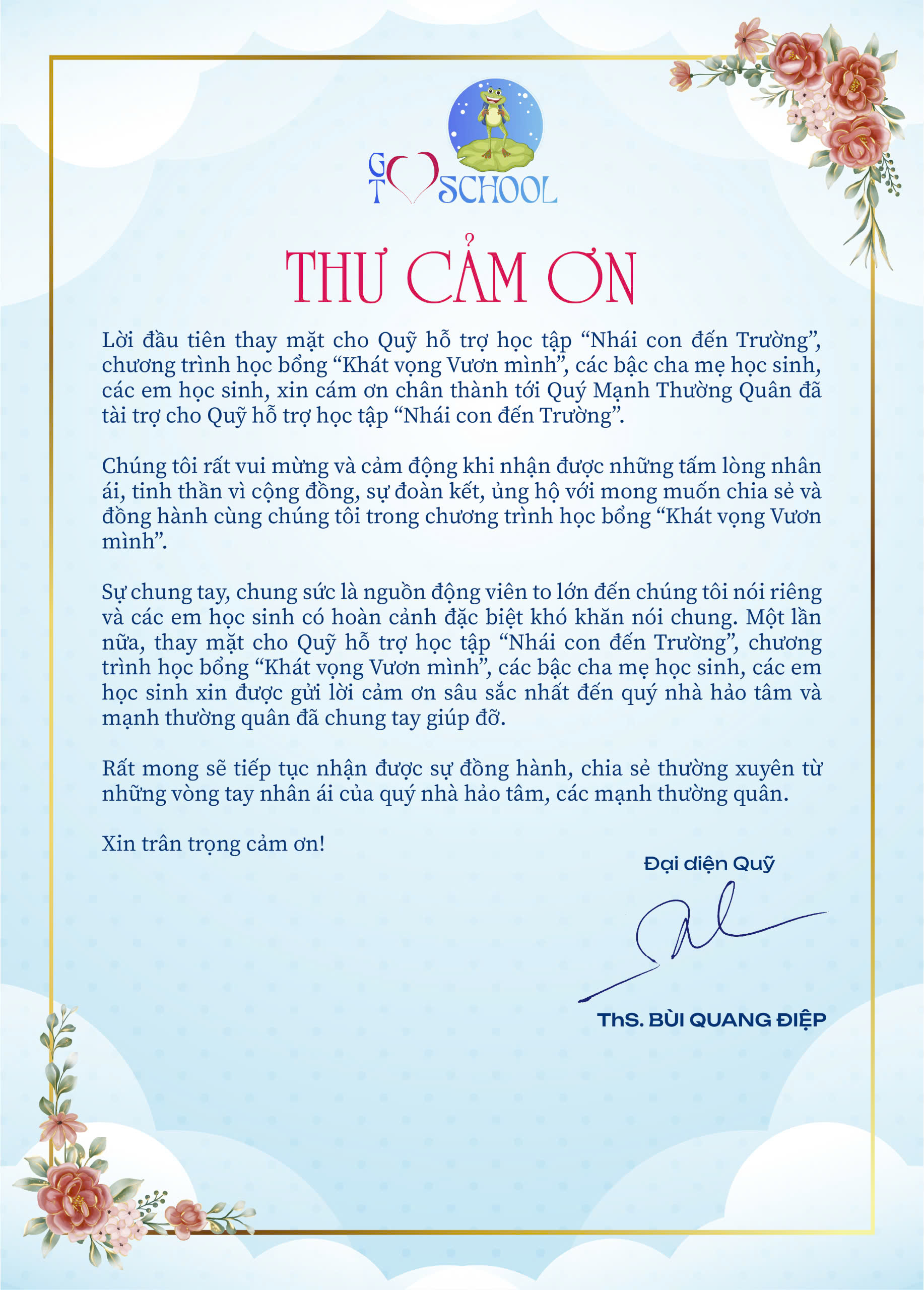 Thư cảm ơn từ Quỹ học bổng
